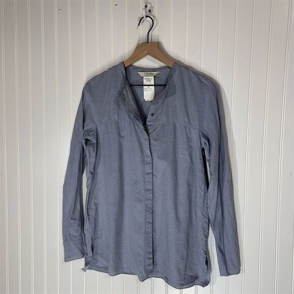 S Max Mara Blue 100% Cotton Tunic Blouse Size 6 Button Neck Minimalist Italy - Picture 1 of 7